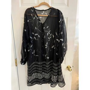 2X Black and White Leaf Vine Shift Dress Sheer Chiffon Button Up Flowy Boho